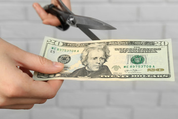 Hands with scissors cutting money on white brick wall background