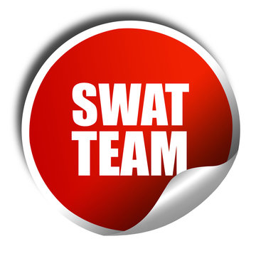 swat team, 3D rendering, red sticker with white text