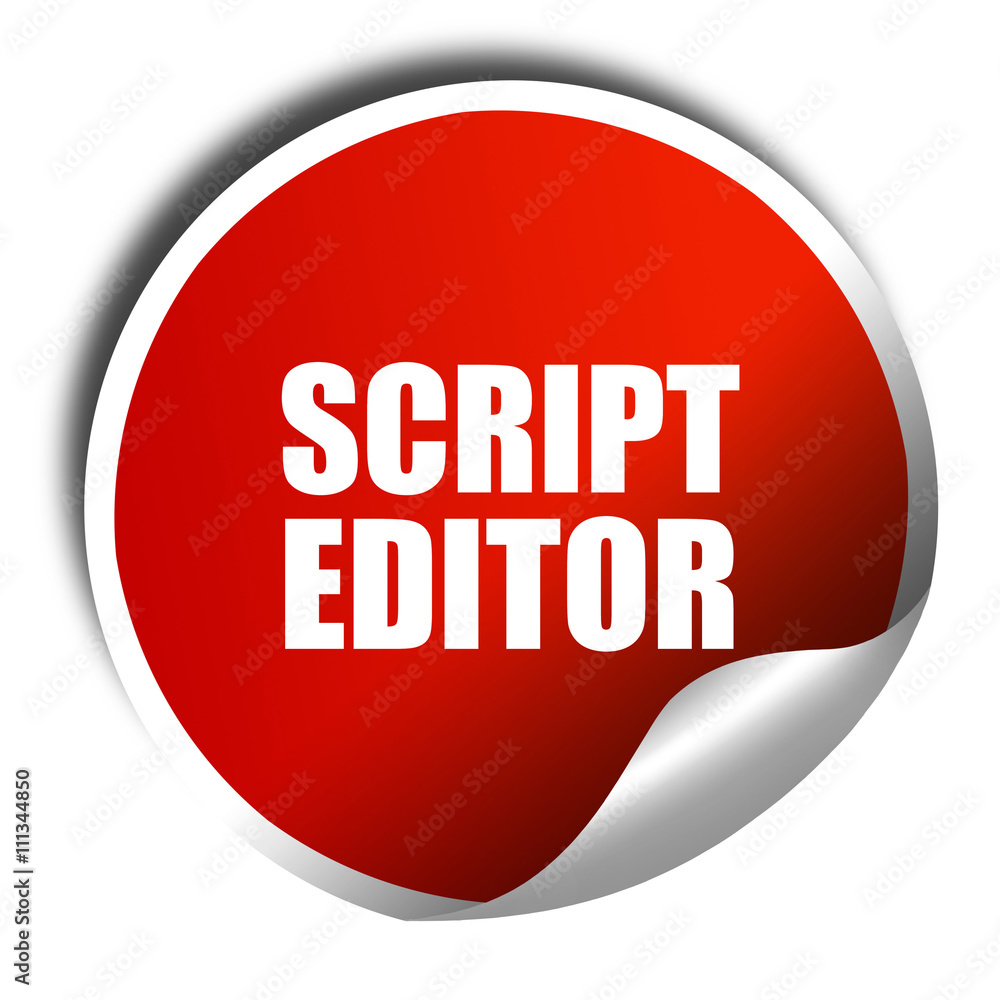 Poster script editor, 3d rendering, red sticker with white text