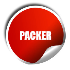 packer, 3D rendering, red sticker with white text