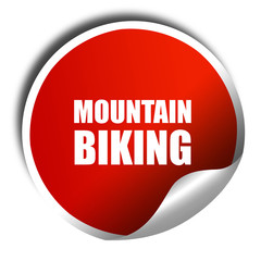 moutain biking, 3D rendering, red sticker with white text