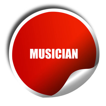 musician, 3D rendering, red sticker with white text