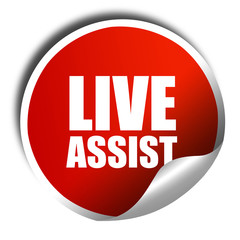 live assist, 3D rendering, red sticker with white text