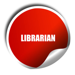 librarian, 3D rendering, red sticker with white text