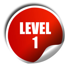 level 1, 3D rendering, red sticker with white text