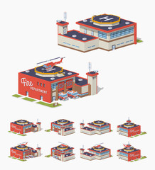 Fire station. 3D lowpoly isometric vector illustration. The set of objects isolated against the white background and shown from different sides