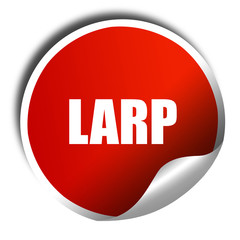larp, 3D rendering, red sticker with white text