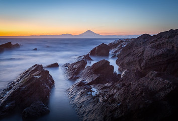 Naklejka na ściany i meble Mt.Fuji and sea in winter season seen from Jogashima Island, Kanagawa prefecture