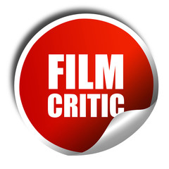 film critic, 3D rendering, red sticker with white text