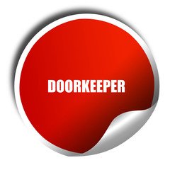 doorkeeper, 3D rendering, red sticker with white text