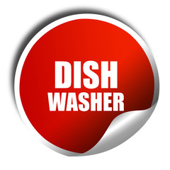 dish washer, 3D rendering, red sticker with white text