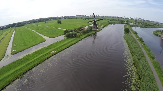 Aerial Kinderdijk Childrens dike operational windmill turning blades with sales Unesco World Heritage Unique Dutch sight and the most popular tourist attraction in Holland The Netherlands 4k