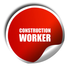 construction worker, 3D rendering, red sticker with white text