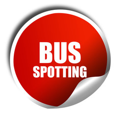 bus spotting, 3D rendering, red sticker with white text