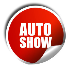 auto show, 3D rendering, red sticker with white text
