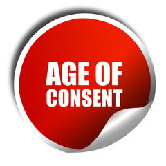 age of consent, 3D rendering, red sticker with white text