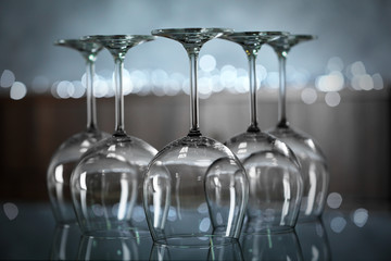 Upturned wine glasses on the table