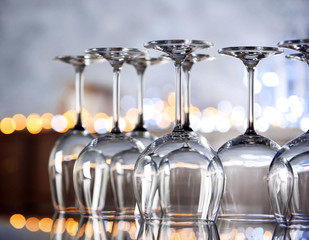 Upturned wine glasses on the table