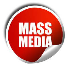 mass media, 3D rendering, red sticker with white text
