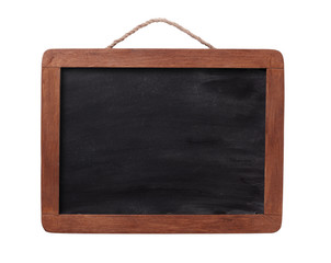 Rustic timber framed chalk blackboard with rope.Isolated with clipping path.
