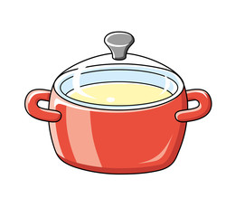 Red cooking pot with soup.