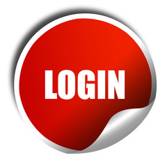 login, 3D rendering, red sticker with white text