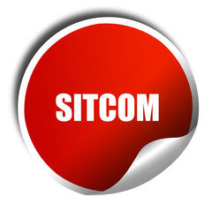 sitcom, 3D rendering, red sticker with white text