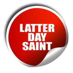 latter day saint, 3D rendering, red sticker with white text