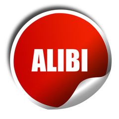 alibi, 3D rendering, red sticker with white text