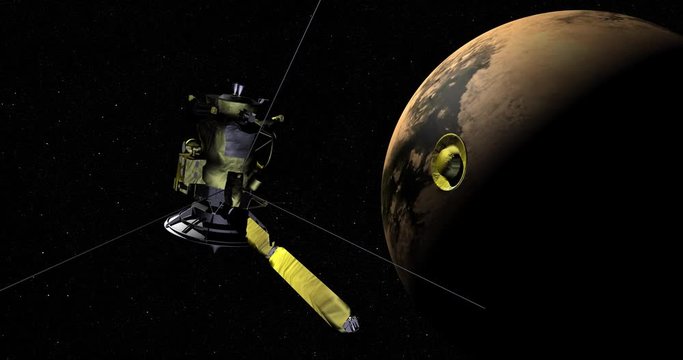 Dramatic shot of the Cassini spacecraft releasing the Huygens Probe while in orbit around Saturn's moon Titan. Data: NASA/JPL.