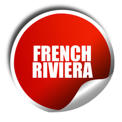 french riviera, 3D rendering, red sticker with white text