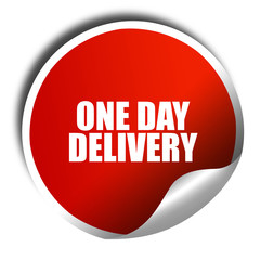 one day delivery, 3D rendering, red sticker with white text
