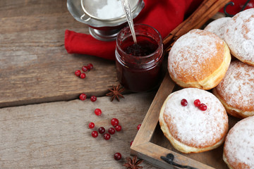 Fresh homemade donuts with powdered sugar, close up