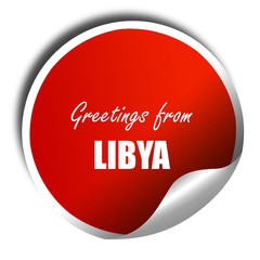 Greetings from libya, 3D rendering, red sticker with white text