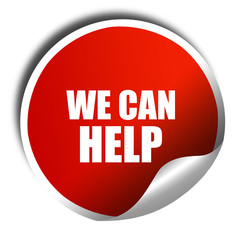 we can help, 3D rendering, red sticker with white text