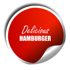 Delicious hamburger sign, 3D rendering, red sticker with white t