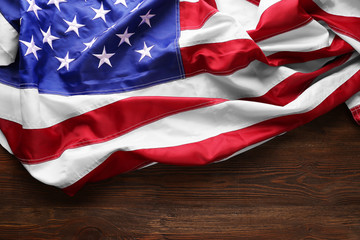 USA national flag on wooden background, close up