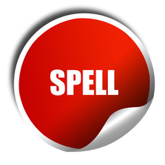 spell, 3D rendering, red sticker with white text