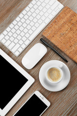 Flat lay of workplace in office with business accessories