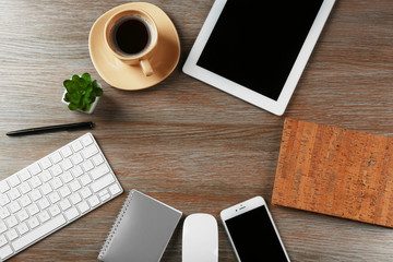 Flat lay of workplace in office with business accessories