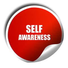 self awareness, 3D rendering, red sticker with white text