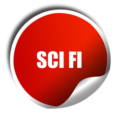 sci fi, 3D rendering, red sticker with white text