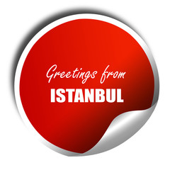 Greetings from istanbul, 3D rendering, red sticker with white te