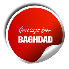 Greetings from baghdad, 3D rendering, red sticker with white tex