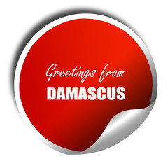Greetings from damascus, 3D rendering, red sticker with white te