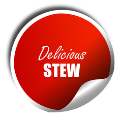 Delicious stew sign, 3D rendering, red sticker with white text