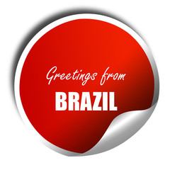 Greetings from brazil, 3D rendering, red sticker with white text