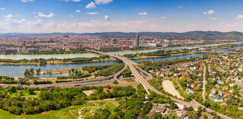 Panoramic Aerial View Of Vienna City Skyline, Handelskai office district, vertical composition 
