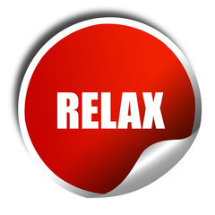 relax, 3D rendering, red sticker with white text