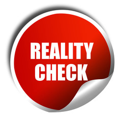 reality check, 3D rendering, red sticker with white text